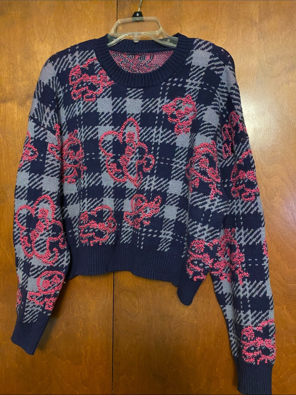 Cider Navy & Pink Plaid Floral Crewneck Sweater